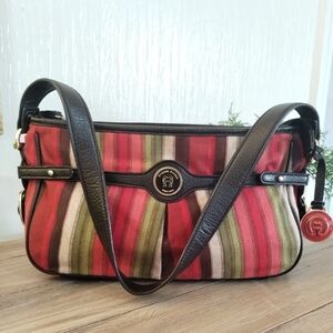 Etienne Aigner Equestrian Style Cotton Color Striped Leather Accent Shoulder Bag